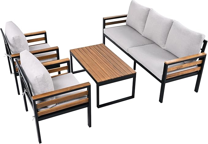 4-Piece Outdoor Patio Furniture Sectional Sofa Set with Acacia Wood Armrests, All-Weather Conversation Set with Removable Cushion and Solid Wood Coffee Table for Garden Backyard (Beige-TH)