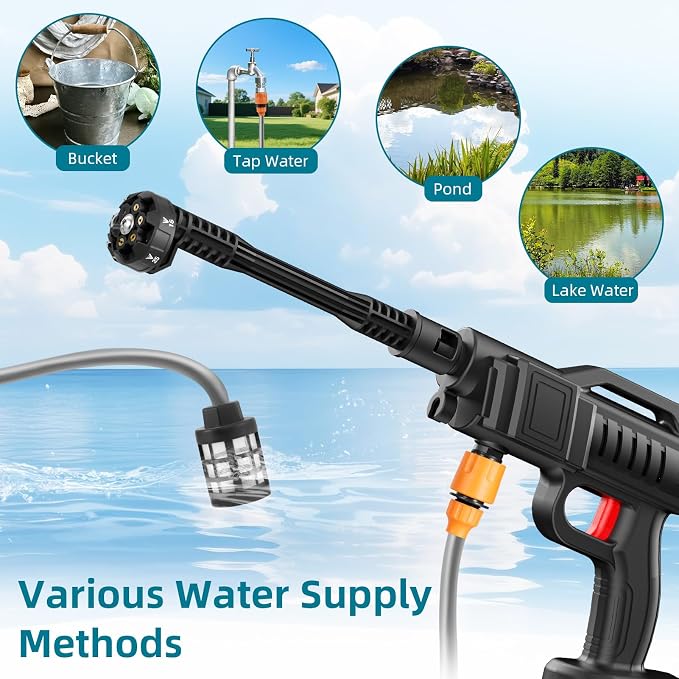 Cordless Portable Washer, 1450 PSI Portable Battery Power Washer, Cordless Portable Jet Washer with 6-in-1 Adjustable Nozzle, 2×3.0Ah Batteries, Charger, 5m Hose for Vehicle, Driveway Deck