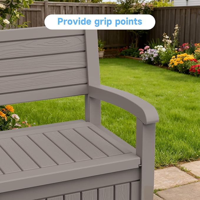 70 Gallon Outdoor Storage Bench， Waterproof and Lockable Outdoor Storage Box, Durable Resin Deck Box for Patio, Backyard, Garden, Porch(Grey)