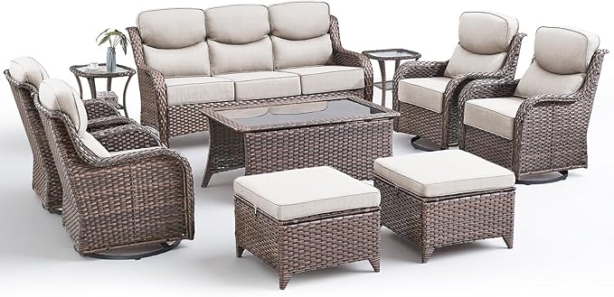 Luxury 10 Pieces Patio Furniture Set, Wicker Swivel Rocker Patio Chairs with 6" Thick Cushion, Outdoor Wicker Sofa with Coffee Table, All Weather Outdoor Conversation for Garden Porch(Brown/Beige)