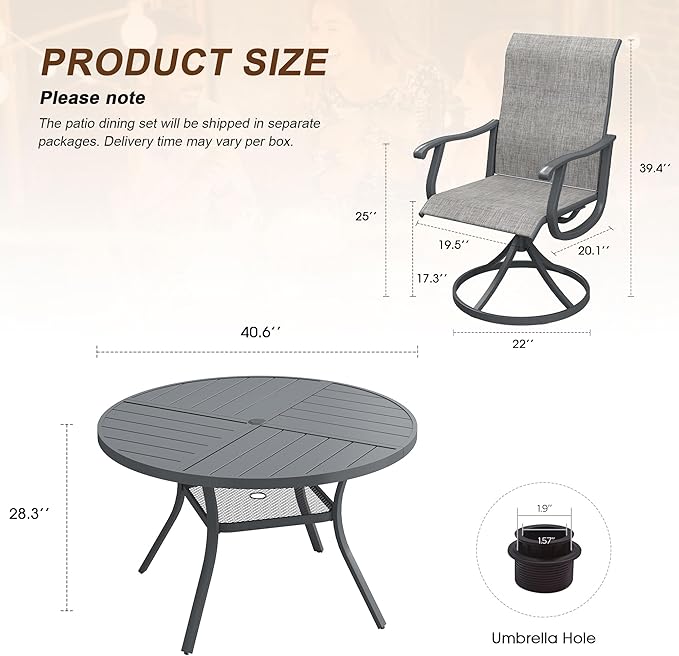 VICLLAX Patio 5 Pieces Outdoor Dining Set, 40.6" Round Metal Table with Umbrella Hole Storage Shelf, 4 Swivel Textilene Chairs for Lawn, Garden, Porch, Dark Grey/Grey
