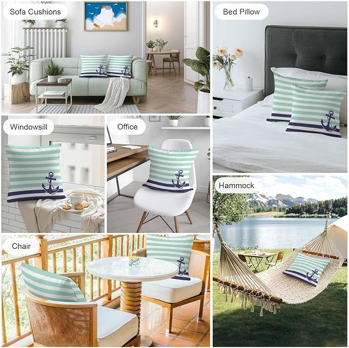 Throw Pillow Covers 24x24 Inch Set of 2, Anchor Aqua Waterproof Outdoor Cushion Covers, Modern Navy Blue White Striped Nautical Decorative Pillowcases for Couch, Sofa, Bed, Garden, Patio