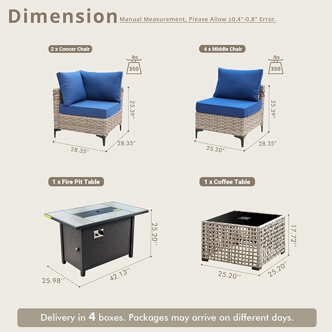 8 Pieces Patio Sectional Furniture Set, Outdoor Wicker Sectional Couch with Firepit Solar Lights Table, Modern Conversation Set for Porch Balcony Backyard, Navy Blue