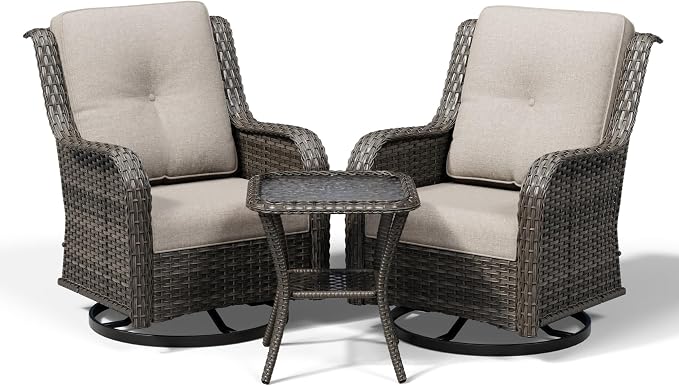 Joyside 3 Piece Wicker Patio Furniture Set, Outdoor Swivel Rocker Patio Chairs with High Back, Deep Seating, Wide Armrest, Thickened Cushions, Outdoor Furniture for Deck, Porch Use