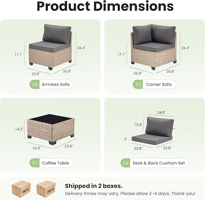 Soohow 7-Piece Patio Furniture Set, Outdoor Sectional All-Weather Wicker Patio Conversation Set for Garden, Porch, Backyard - Grey Cushions