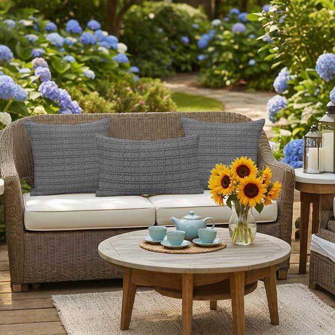 Outdoor Waterproof Throw Pillow Covers Set of 2 Grey Stripes Grain Pillowcases 20x20 Inches Solid Color Decorative Pillows Cushion Case Patio Pillows for Couch Bed Chair Garden