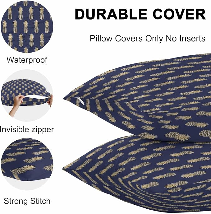 Summer Pineapple Outdoor Pillow Covers Waterproof,All Weather Cushion Case Set of 2 Decorative Pillowcases for Sofa Couch Bed Decor Patio Furniture 24"x24" Tropical Fruit Geometric Navy Blue