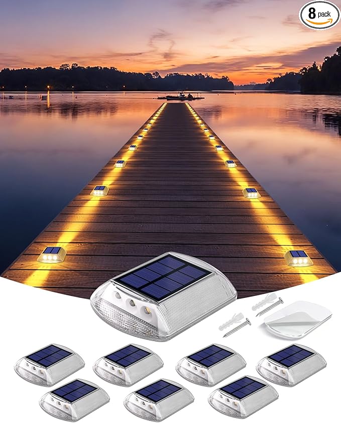 DetarZinLED Solar Deck Lights Outdoor, 8 Pack Warm White Driveway Lights Solar Powered, IP68 Waterproof Stick on & Screw Dock Light for Pathway, Walkway, Sidewalk, Patio, Pool Deck, Garden, Step