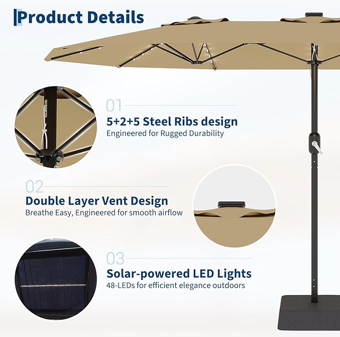 Garvee 15FT Rectangular Patio Umbrella with Solar Lights & Base Included - Large Patio Umbrella with Crank Handle 48 LED Lights, UV Protection for Outdoor Market, Backyard, Deck, Poolside, Khaki