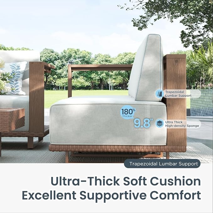 PHI VILLA HDPE Patio Furniture Set, 4 Pieces Sectional Outdoor Conversation Sets with 9.8" Thick Cushions, L Shaped Large Modular Wicker Rattan Patio Sofa Couch for Garden, Backyard(Beige)