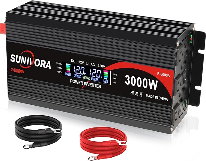 3000 Watt Power Inverter 12V DC to 110V/120V AC Converter 6000W Peak with LCD Display, 3 AC Outlets & 2 USB Ports Power Inverters for Vehicles Car Truck Boat RV Camping Solar System EPS