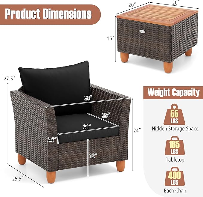 Tangkula 3-Piece Patio Furniture Set, Patiojoy Outdoor PE Wicker Bistro Set with Soft Cushions and Solid Acacia Wood, Outdoor Conversation Set with Porch, Balcony and Garden (Black)