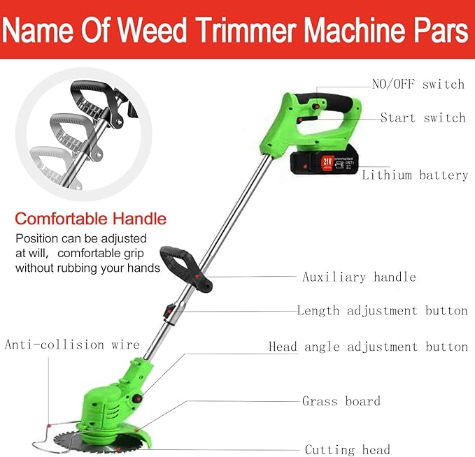 Weed Wacker Battery Operated, 21V 1500mAh Battery Powered Weeder String Trimmer with 2 Batteries and 3 Blades, Weeder Lightweight Powerful Weeder Battery Powered for Yard and Garden Weeder (Green)
