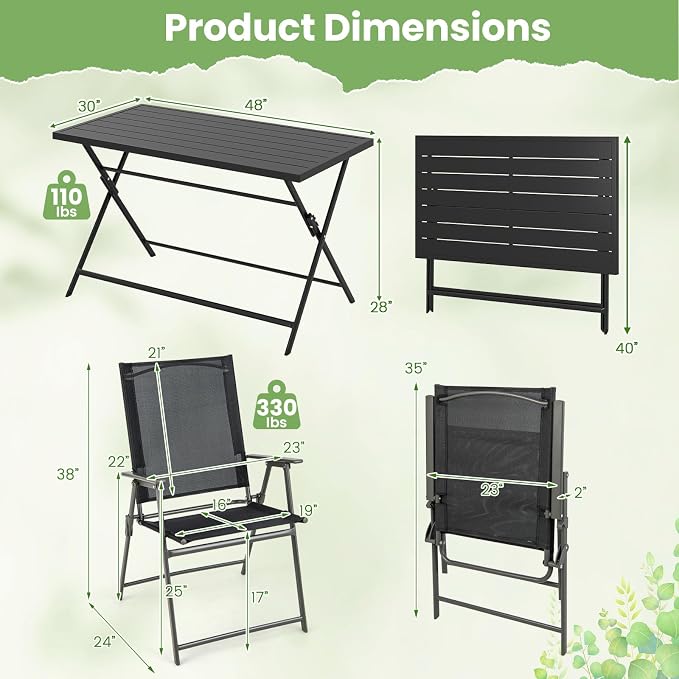 Tangkula 5 Pieces Foldable Outdoor Dining Set for 4, Patio Large Rectangular Metal Dining Table & 4 Patio Folding Chairs, Outdoor Table and Chairs Furniture Set for Backyard Garden Deck