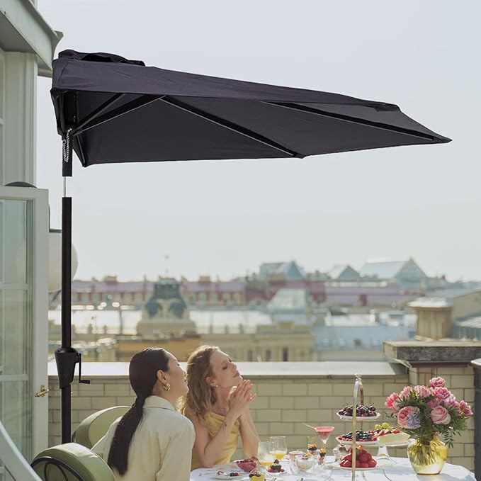 C-Hopetree 9 ft Half Round Outdoor Patio Market Wall Umbrella with Tilt, Black