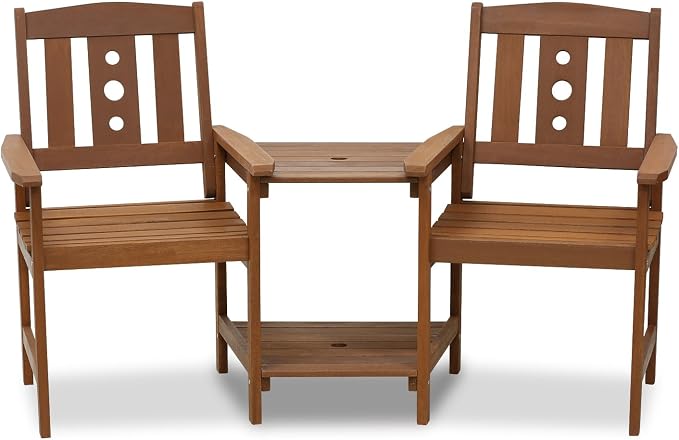 Furinno TIOMAN Outdoor Dining Set, 2-Seater Wood Patio Set, Chairs for 2 & Side Table, with 2-Tier Shelf and Umbralla Holes, for Patio, Garden, Porch, Light Wood