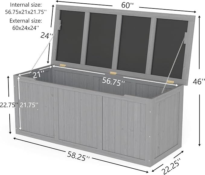 112 Gallon Outdoor Wooden Deck Box Solid Wood Storage Box Seat Table Top for Patio Furniture Cushions, Pool Toys Garden Tools