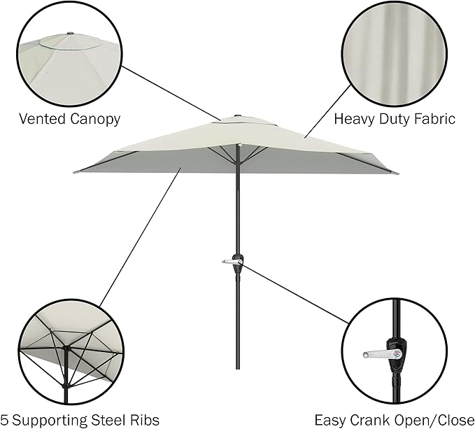 Half Umbrella Outdoor Patio Shade - 9 ft Patio Umbrella with Easy Crank - Small Canopy for Balcony, Table, or Deck by Pure Garden (Champagne)