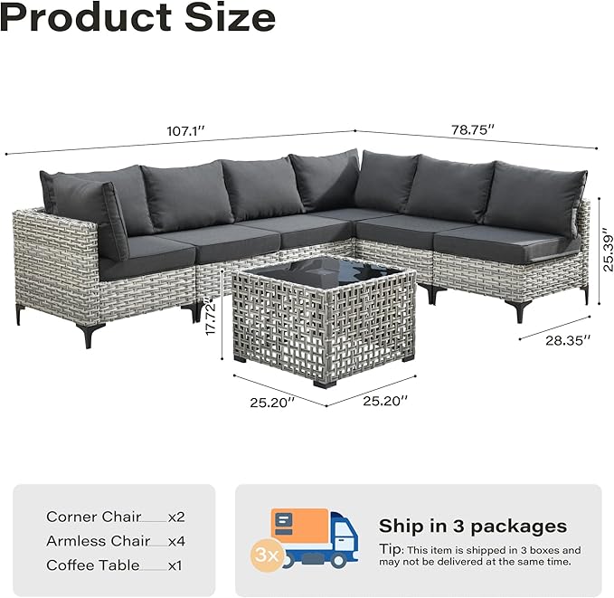 7 Pieces Patio Furniture Set with Solar Light Coffee Table, All-Weather Rattan Outdoor Sectional Conversation Sets L Shaped Sofas with Thick Cushions for Outside Porch Balcony Backyard Black