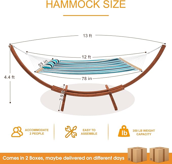 Lazy Daze 12FT Sunbrella Fabric Hammock with 13FT Wood Arc Stand, Free Pillow Fits for Two Persons, All Weather and Fade Resistant for Patio Yard, 450 lbs Weight Capacity, Token Surfside