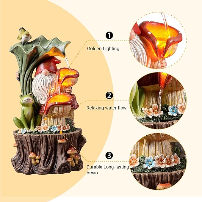 Kalona Gnome Outdoor Waterfall Fountain with LED Lights, Resin Tree Stump Waterfall Fountain for Patio Balcony Yard, 21" Tall Garden Water Feature 25007