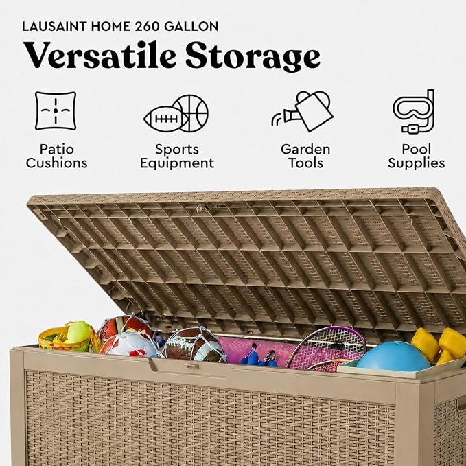 LAUSAINT HOME 260 Gallon XXXL Outdoor Deck Box, Waterproof Resin Storage Box Bench with Lock, Large Patio Cushion Storage, Garden Tool Organizer, Pool Storage Container, 3-Person Seat, Light Brown