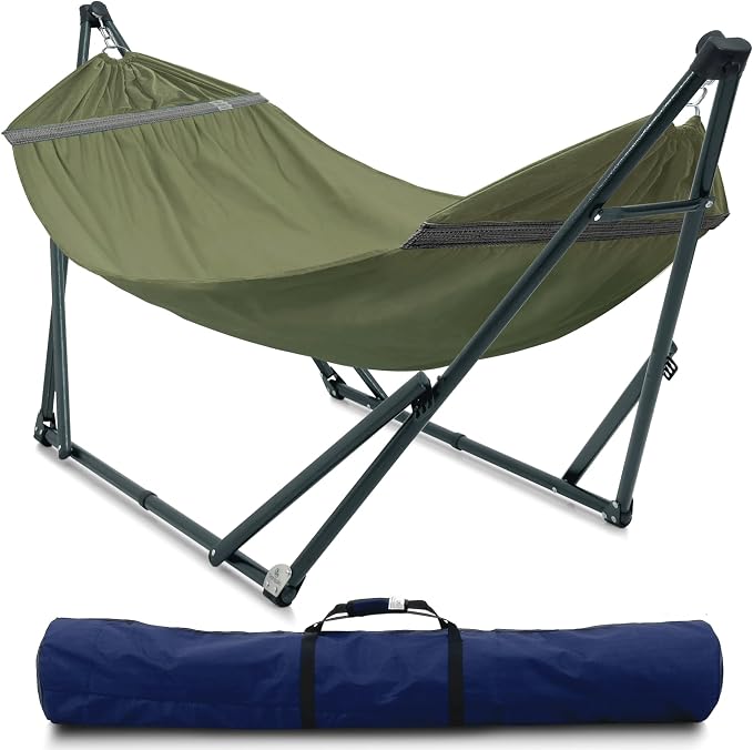Tranquillo Sturdy Steel Hammock with Stand Premium Cotton Canvas Hammock, 600 lbs Capacity Hammock Stand Folding, Portable 30-Second Fold Unfold Hammock for Camping, Sage