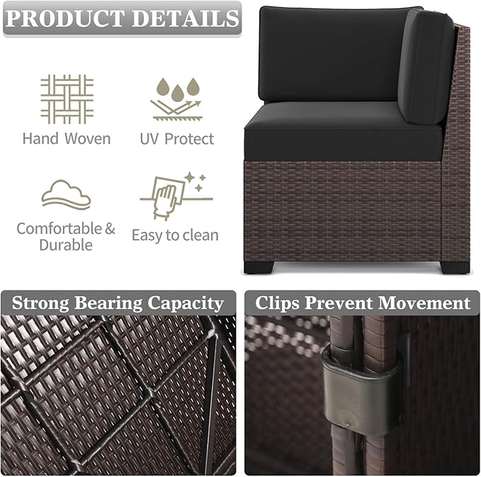 LayinSun 7 Pieces Outdoor Patio Furniture Set with 44" Fire Pit Table Brown Rattan Sectional Sofa Conversation Sets