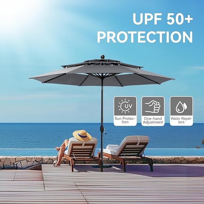 GREEN PARTY 10ft Outdoor Patio Umbrella, [Auto-Tilting] 3 Tiers Market Table Umbrellas with 1.5" Pole, 8 Sturdy Ribs, 3-Year-Non-Fading for Garden Deck Pool Backyard, Grey