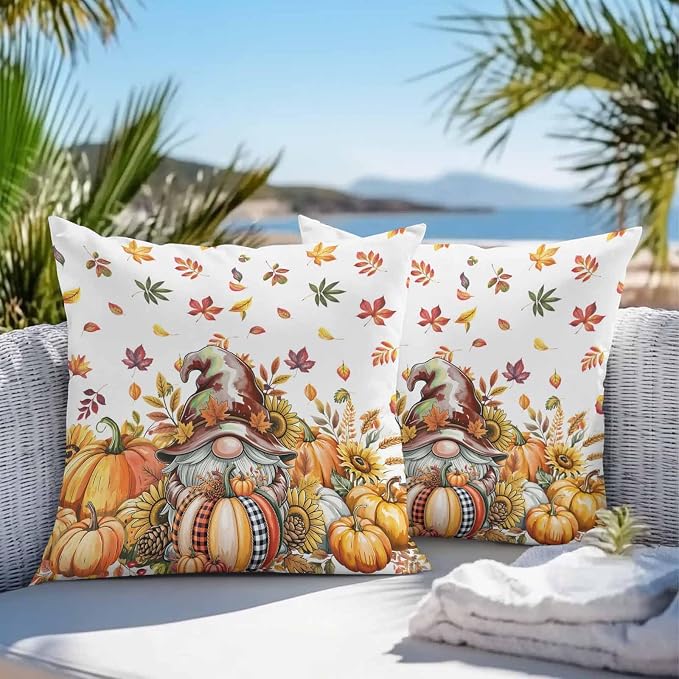 Fall Gnomes Outdoor Waterproof Pillow Covers, Thanksgiving Pumpkins Leaf Sunflowers Farm Decorative Square Throw Pillowcase Sofa Cushion Sham for Patio/Couch/Chair, 16"x16" 2 Pack