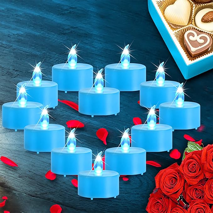 Battery Operated Tea Lights Candles,Flameless Led Electric Fake Candle, 24 Pack Realistic Flickering Votive Tealight, Long Lasting 200+Hours, for Wedding Party Home Decoration (Blue)