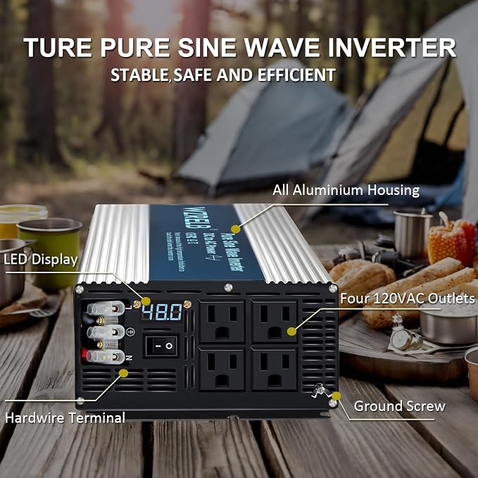 WZRELB 5000W Pure Sine Wave Inverter 48V DC to 110V 120V AC with LED Display,Remote Controller,Off-Grid Power Converter 10000W Surge with 4 AC Outlets, Hardwire Terminal for Home, RV, Truck, Camping