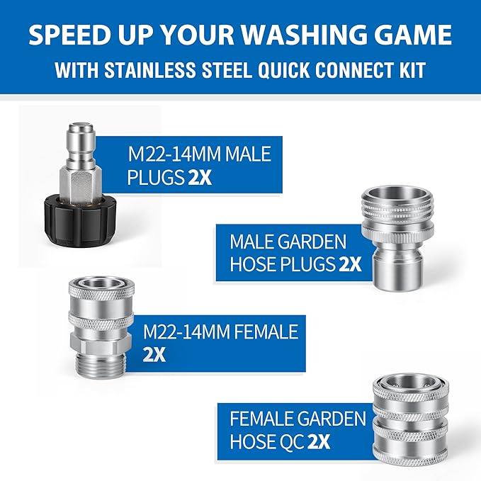 Premium Pressure Washer Quick Connect Kit M22 14mm Power Washer Adapter Set | M22 Swivel to 3/8'' Quick Connect, 3/4'' to Quick Release, Quick Connect Pressure Washer Fittings (Stainless Steel)
