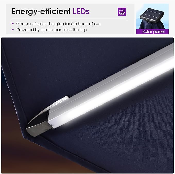PURPLE LEAF Cantilever Umbrella with Base 13ft Outdoor Round Patio Solar Powered LED Umbrella with 360-degree Rotation for Garden Deck Pool Patio, Navy Blue