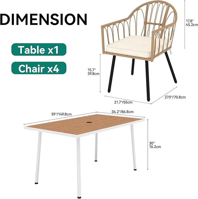 YITAHOME Outdoor Patio Dining Set 5pcs 59" Outdoor Table and Chairs Patio Dining Furniture Sets for 4/6 with Umbrella Hole Outdoor Dining Table Set for Garden Lawn Porch Indoor Beige