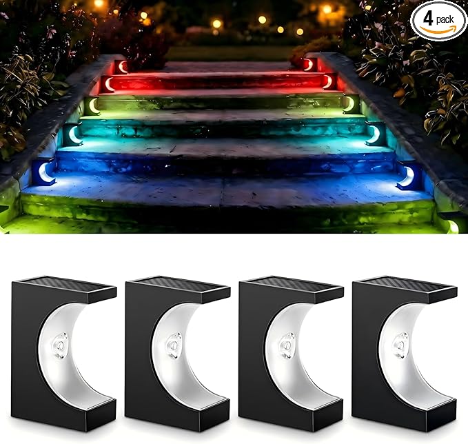 Upgraded Wireless Solar Step Lights. 5X Longer Life Than Ordinary. Strong 3M Adhesive + Screws. IP65 Waterproof for Stairs/Decks/patios. Reliable Performance(RGB Changing 4 Pack)