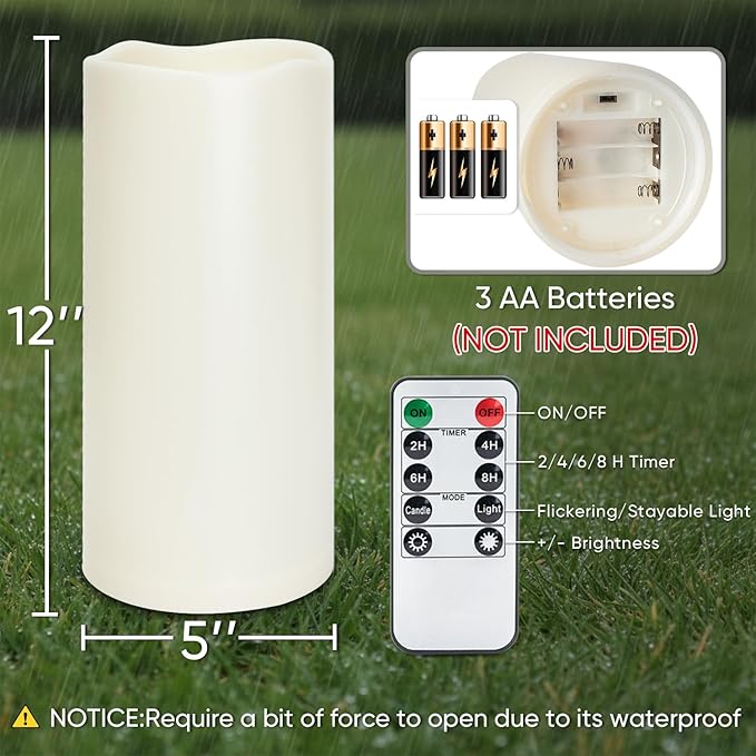 Homemory 12" x 5" Large Waterproof Outdoor Flameless Candles with Remote Control and Timer, Battery Operated Flickering LED Pillar Candles for Outdoor Larterns, Porch, Long Lasting, Set of 2