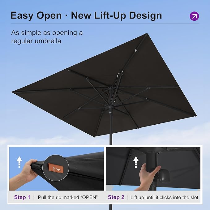 PURPLE LEAF 8' x 8' Square Semi-Auto Outdoor Patio Umbrella Aluminium Market Umbrella Table Sun Umbrella with 1.89" Rod and 8 Sturdy Ribs for Deck Lawn Pool Garden, Gray