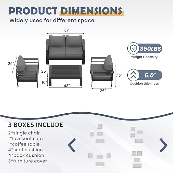 Amopatio Aluminum Patio Furniture, 5 Pcs Metal Modern Patio Furniture Set, Outdoor Sectional Sofa for Balcony, Garden, Dark Grey (Included Waterproof Covers)