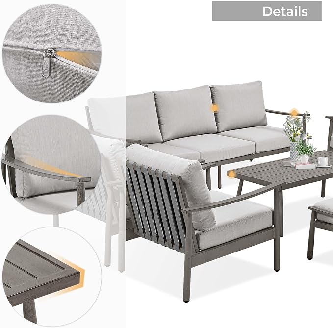 HAPPATIO Patio Outdoor Furniture Set - 7 Pieces Aluminum Outdoor Conversation Set Includes 1 Three-Seater Sofa, 1 Coffee Table, 1 Loveseat, 2 Armchairs and 2 Ottomans for Porch, Yard, Lawn (Grey)