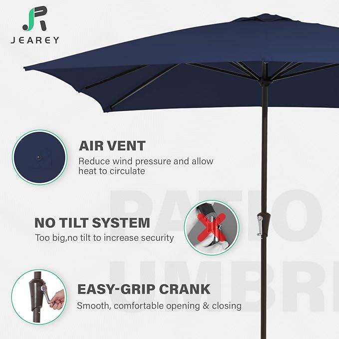 JEAREY 8x10 ft Rectangular Patio Umbrellas Outdoor Table Market Umbrella w/Crank, 8 Sturdy Ribs, UV Protection Windproof Sunproof for Garden, Deck, Backyard, Pool(Navy Blue)