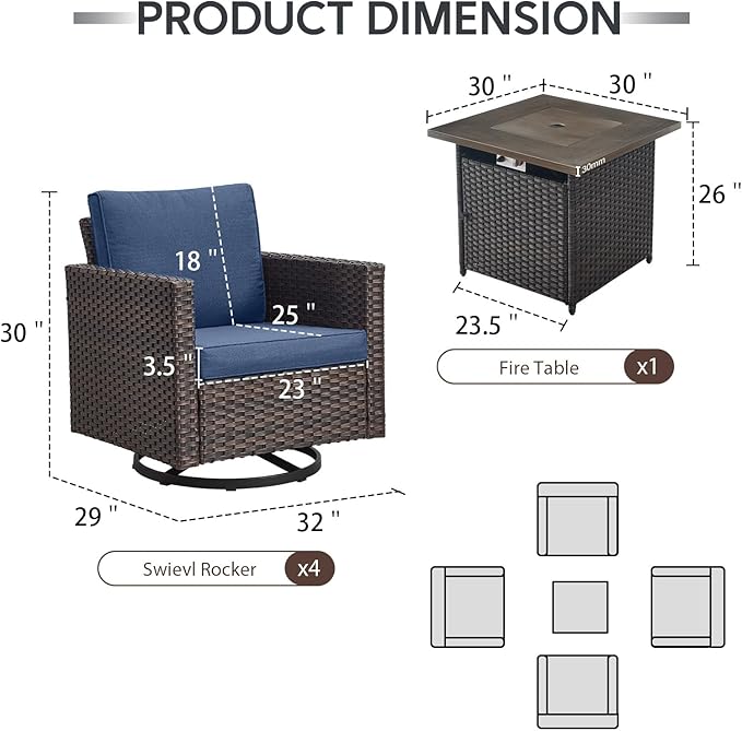 Outdoor Swivel Rocker Chairs Set of 4 with Fire Pit Table - 5 Peice Wicker Patio Furniture Set Conversation Set with 50,000 BTU Fire Pit for Deck Backyard - Brown Wicker Blue Cushion
