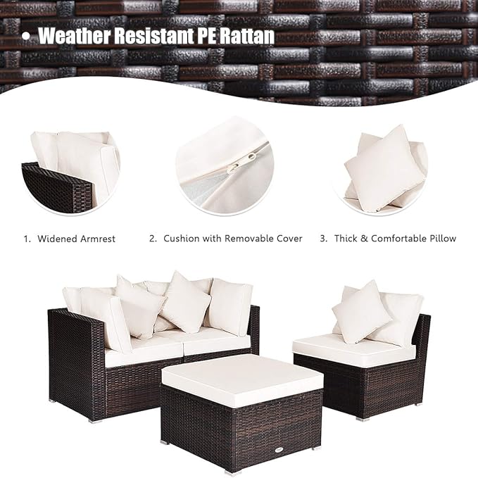 HAPPYGRILL 4 Pieces Patio Conversation Set Outdoor Wicker Sofa Set, Modern Sectional Couch Set with Washable Cushions & Pillows, All Weather PE Rattan Patio Furniture Set (Beige)