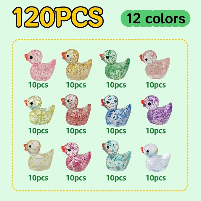 120PCS Mini Glitter Resin Ducks 12 Colors | Tiny Colorful Resin Ducks, Miniature Little Plastic Animal Figures for Micro Landscape Fish Tank Garden Dollhouse DIY Decor