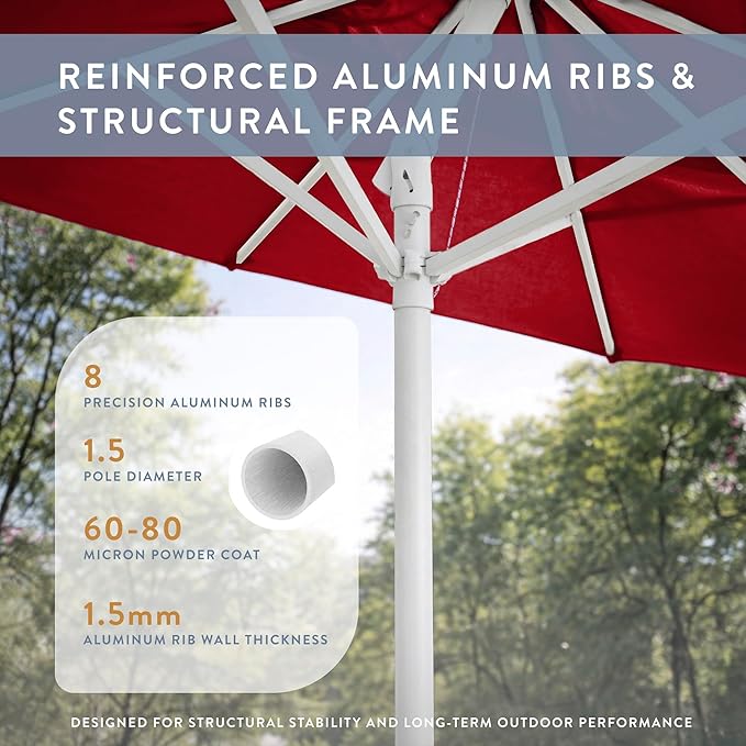 California Umbrella 8-Year Protection 7.5 Ft Outdoor Patio Umbrella, Solstice Fade-Resistant Fabric, Auto-Tilt, Heavy Duty Aluminum Frame, 8 Reinforced Ribs for Pool or Deck, White Pole, Red