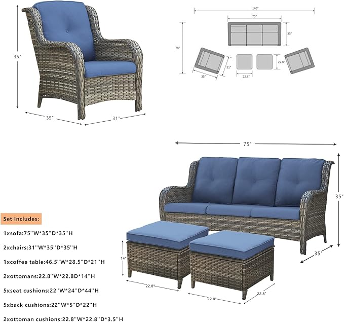 Outdoor Patio Wicker Furniture Set - 6 Piece Rattan Patio Conversation Sectional Sofa Set with 1 Couch,2 Armchairs,2 Ottomans and 1 Glass Top Coffee Table for Porch Deck Garden(Mixed Grey/Blue)