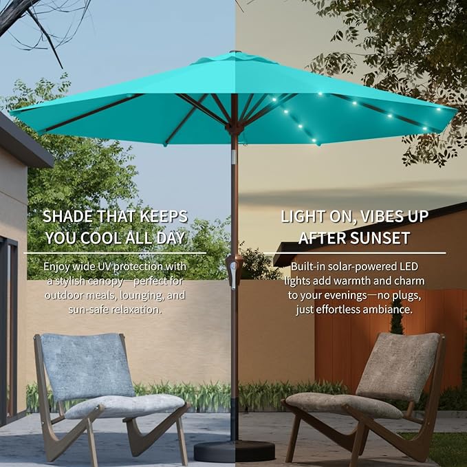 9FT Solar Umbrella 32 LED Lighted Patio Umbrella Table Market Umbrella w/Tilt and Crank, UV-Resistant Outdoor Umbrella for Pool, Garden, Deck, Aqua Blue