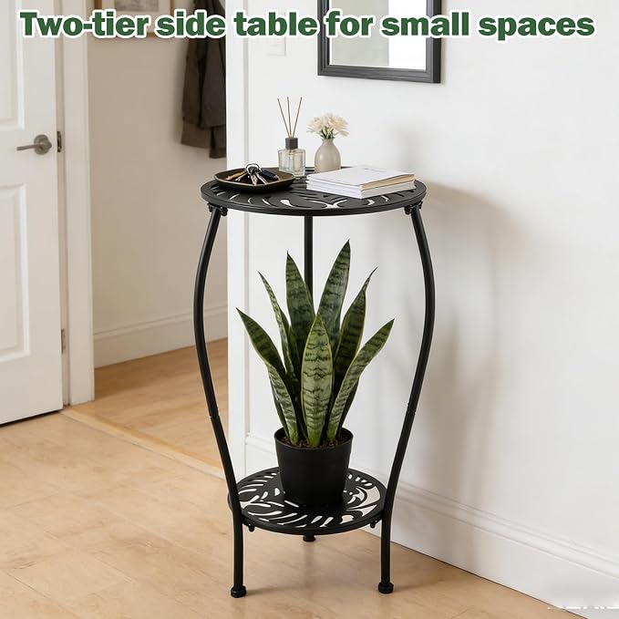 Party Zealot Two-Tiered 13 Inch Metal Round Side Tables Small Black Outside End Table for Patio Round Accent Garden Corner Stand for Small Spaces Weather-Resistant Outdoor Coffee Table for Balcony