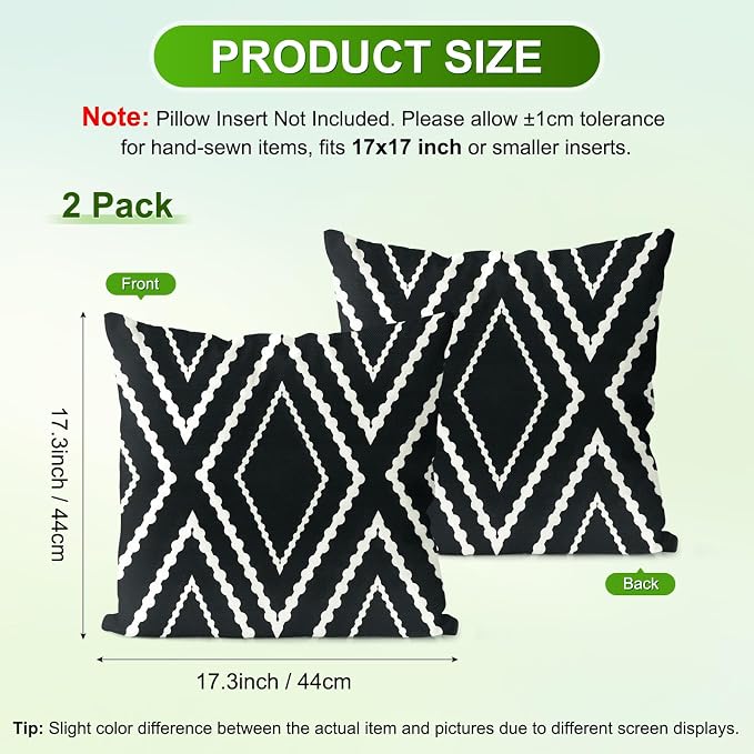 M METERXITY 2-Pack Outdoor Waterproof Throw Pillow Cover, 17x17 Inch Linen Boho Geometric Decorative Cushion Cover for Patio/Balcony, Water Resistant Pillow Case [Black with White Stripe]