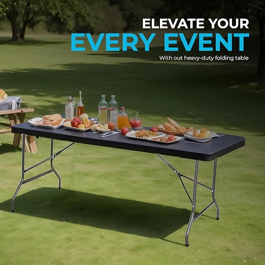 Simpli-Magic 6ft Portable Plastic Folding Table – Indoor & Outdoor Heavy-Duty Foldable Utility Table w/Handle for Party & Camping (Black)